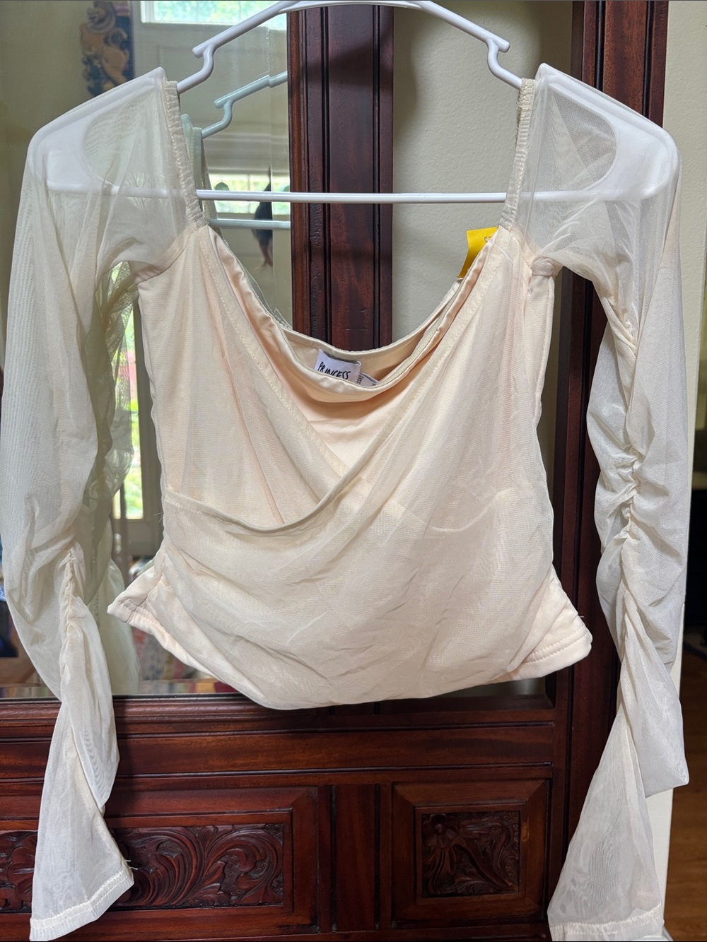 Sheer Drape Neck Long Sleeve Top in Cream